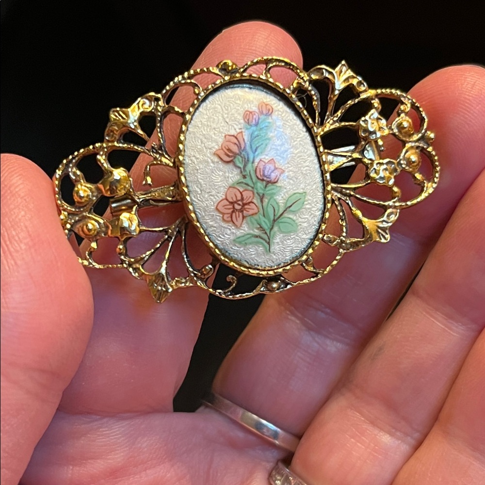 Vintage Gold & Floral Guilloché Brooch